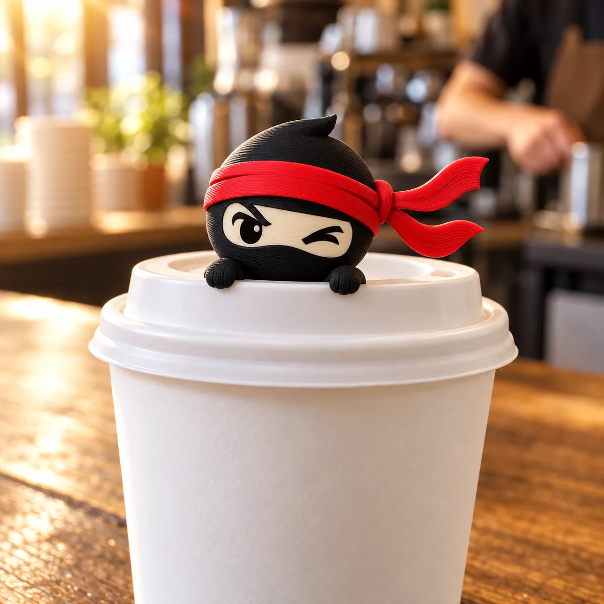 Mini figurka ninja na pokrywce kubka z kawą